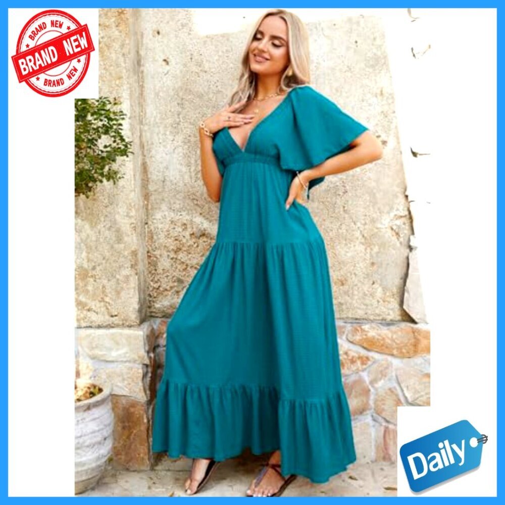 V-Neck Maxi Dress with Flutter Sleeves Backless Elastic Waist Tiered Flowy - Picture 6 of 7